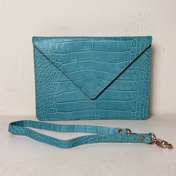 LAT for Bluefly Cerulean Croc Embossed Genuine Leather Convertible Clutch Purse - Picture 4 of 13